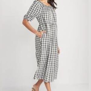 Old Navy Plaid Retro Prairie Style Long smocked neck Maxi Dress Womens XL TALL